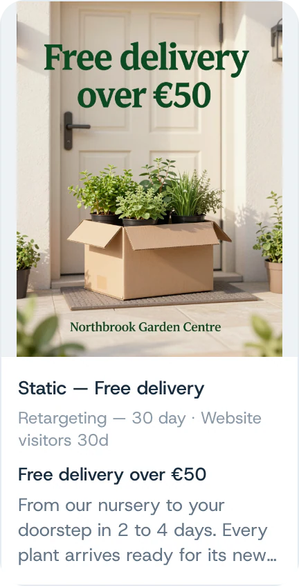 An ad card in the assistant: the Free delivery ad with its campaign, headline and text.