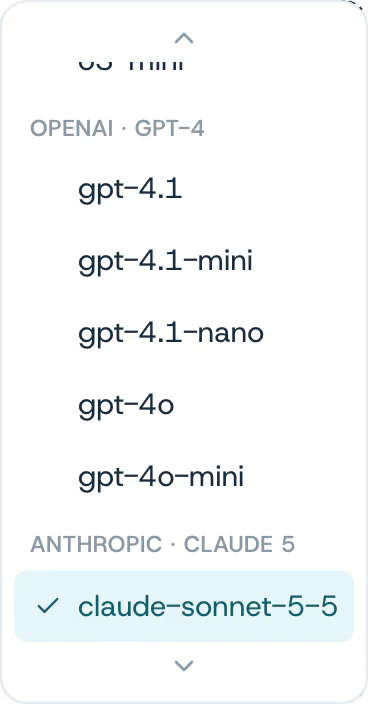 The model menu, listing OpenAI and Anthropic models.