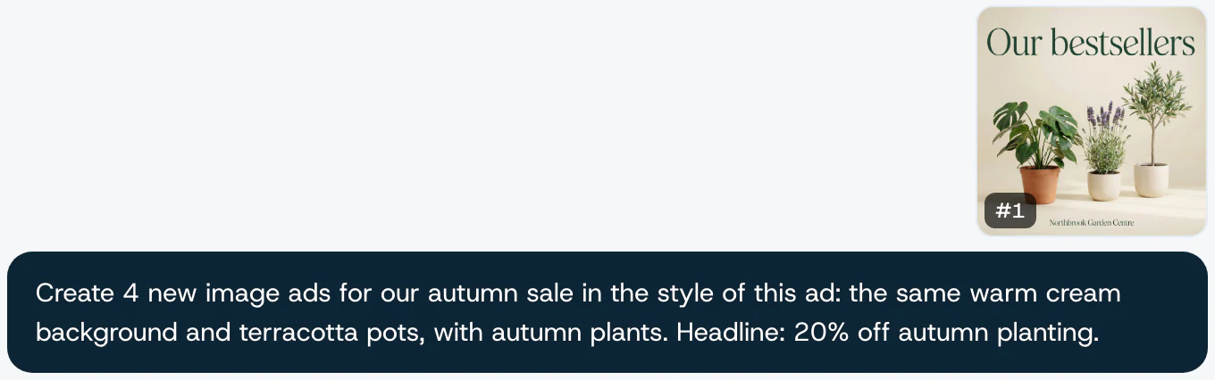 A message to the assistant with an ad image attached, asking for four new ads in its style.